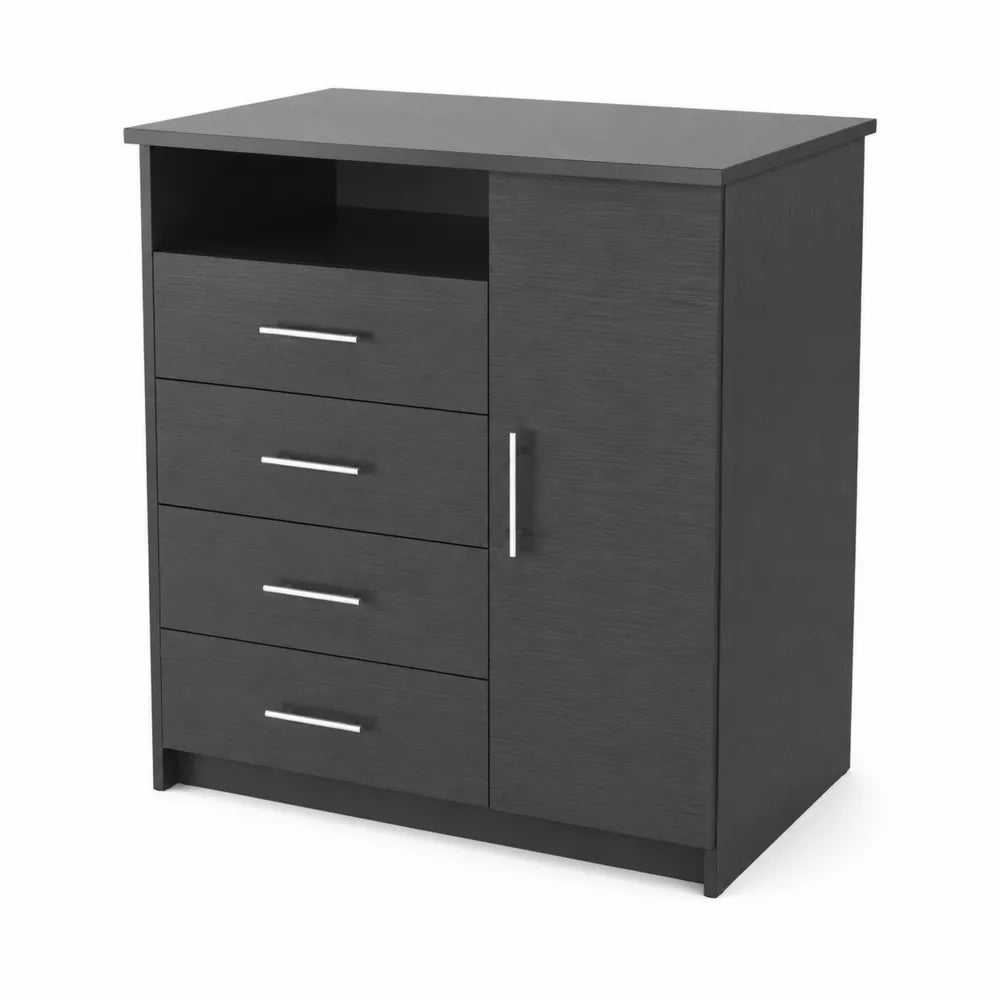 Commode en bois noir avec 4 tiroirs et 1 porte