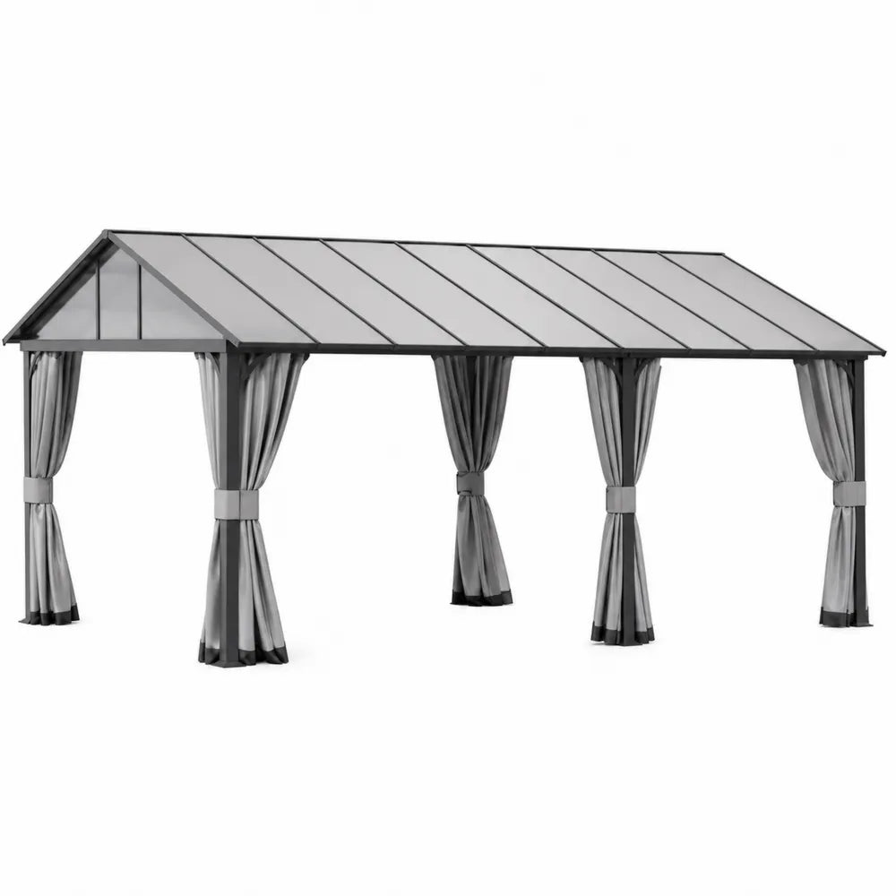 Pergola rectangulaire en aluminium avec toit en polycarbonate et rideaux en polyester gris