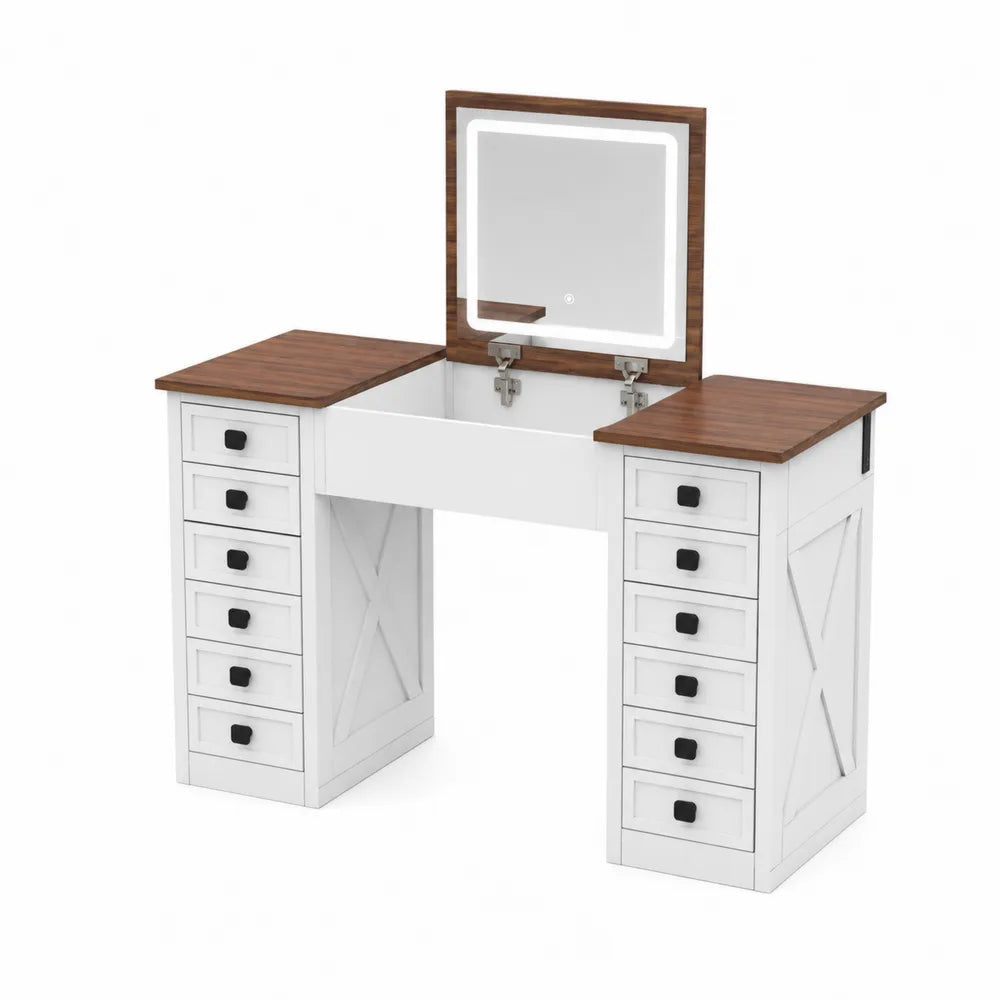 Coiffeuse en bois avec miroir rabattable et 12 tiroirs