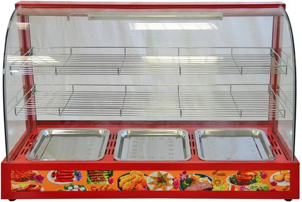Chauffe-plats de buffet, 90 cm, 1200 W, pâtisserie, acier inoxydable, rouge, KuKoo Vitrine Chauffe-Plats 90 cm en Acier Inoxydable Rouge 2 Niveaux