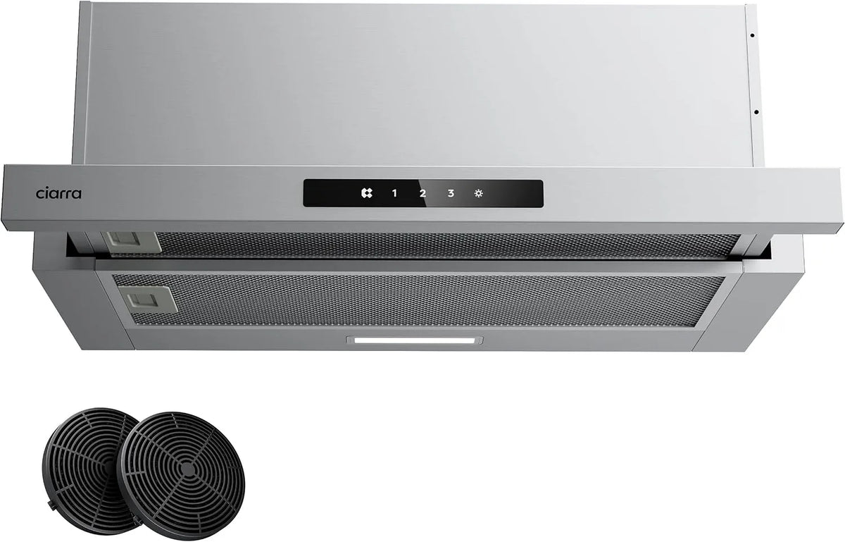 CIARRA CBCS6909A CBCF055 Hotte aspirante, 60cm, 606 m3/h, hotte de cuisine, évacuation et recyclage, 3 vitesses, encastrable, tactile, Inox