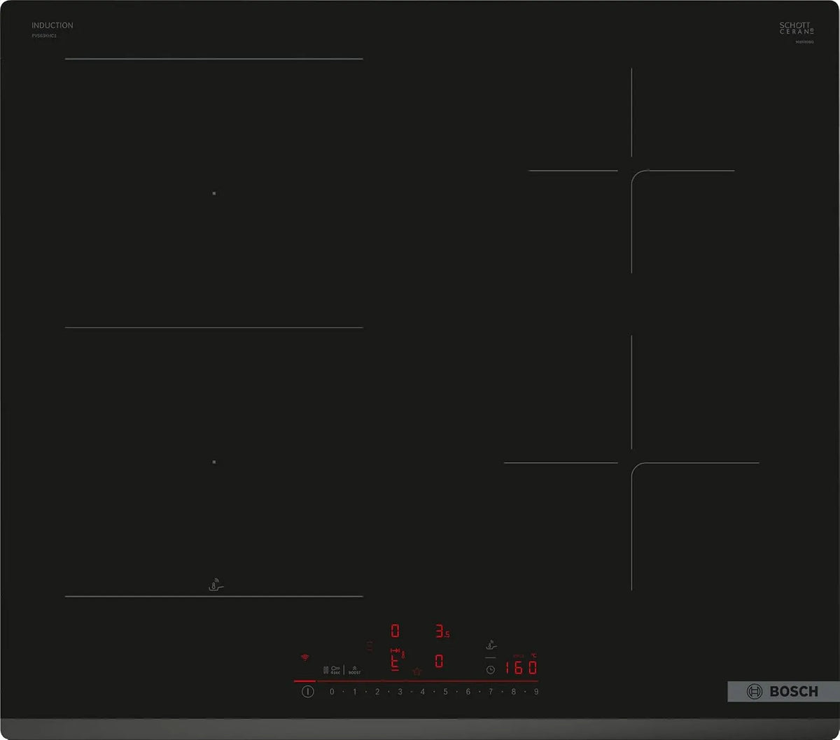 Bosch PVS63KHC1E Plaque à induction, 60 cm, table de cuisson à induction, minuteur, Home Connect, noir, timer avec fonction arrêt, Série 6, 4 foyers