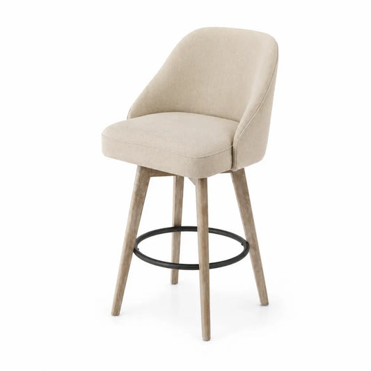 Chaise pivotante en tissu beige avec pieds en bois et repose-pieds