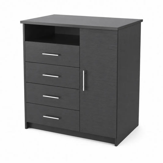 Commode en bois noir avec 4 tiroirs et 1 porte