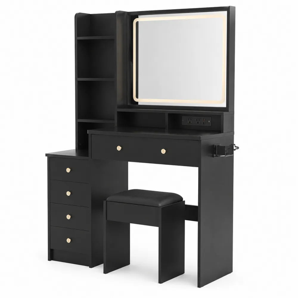 Coiffeuse en Bois avec Miroir LED et Tabouret en Simili-Cuir Noir
