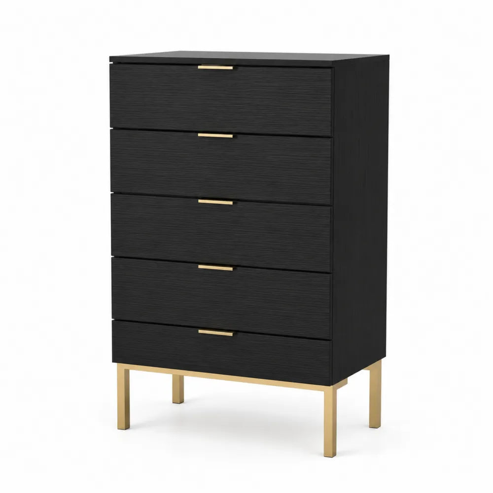 Commode 5 tiroirs MDF et métal Noir/Doré