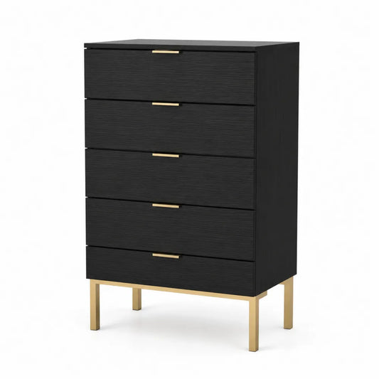Commode 5 tiroirs MDF et métal Noir/Doré
