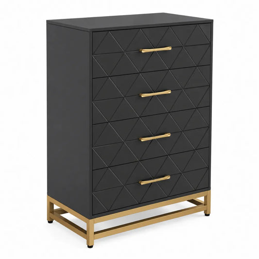 Commode en bois MDF noir et métal doré avec tiroirs