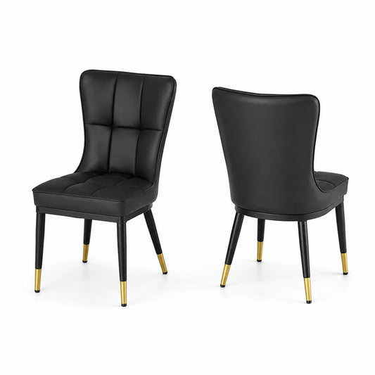 Chaises de salle à manger en cuir synthétique noir avec pieds en métal or
