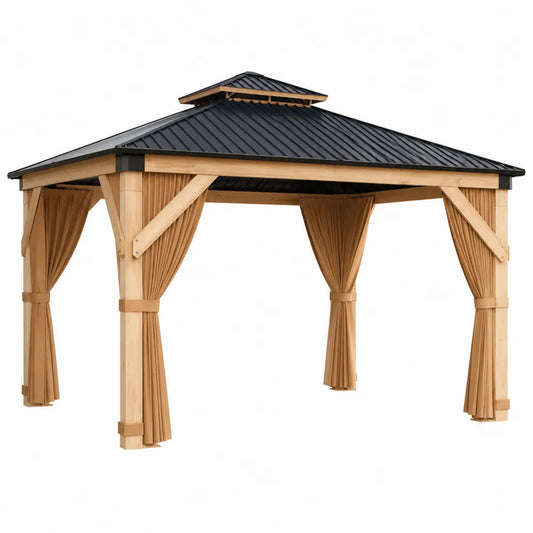 Pavillon Carré 3x3m Bois Toit Métal Noir Rideaux