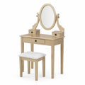 Coiffeuse en bois avec miroir ovale et tabouret beige