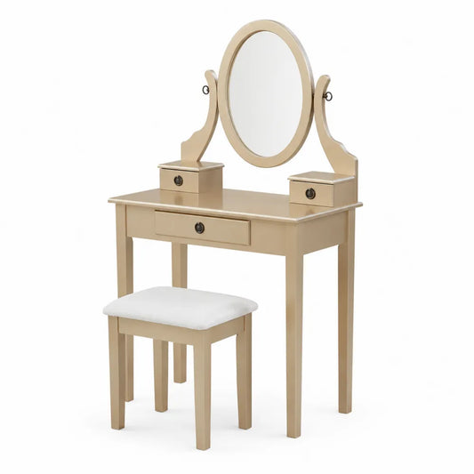 Coiffeuse en bois avec miroir ovale et tabouret beige