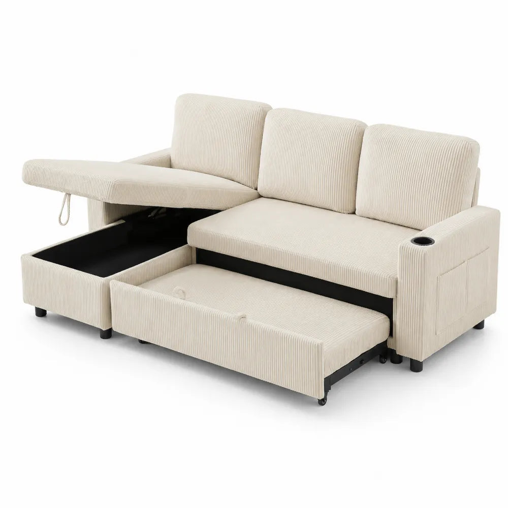 Canapé d'angle réversible avec rangement et tiroirs en tissu côtelé Beige
