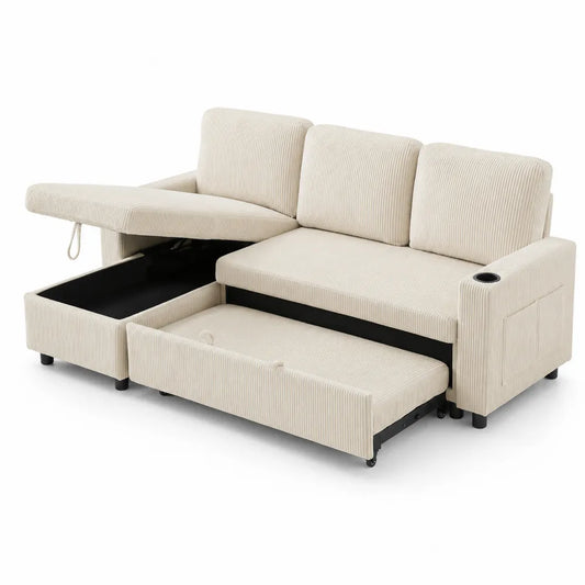 Canapé d'angle réversible avec rangement et tiroirs en tissu côtelé Beige