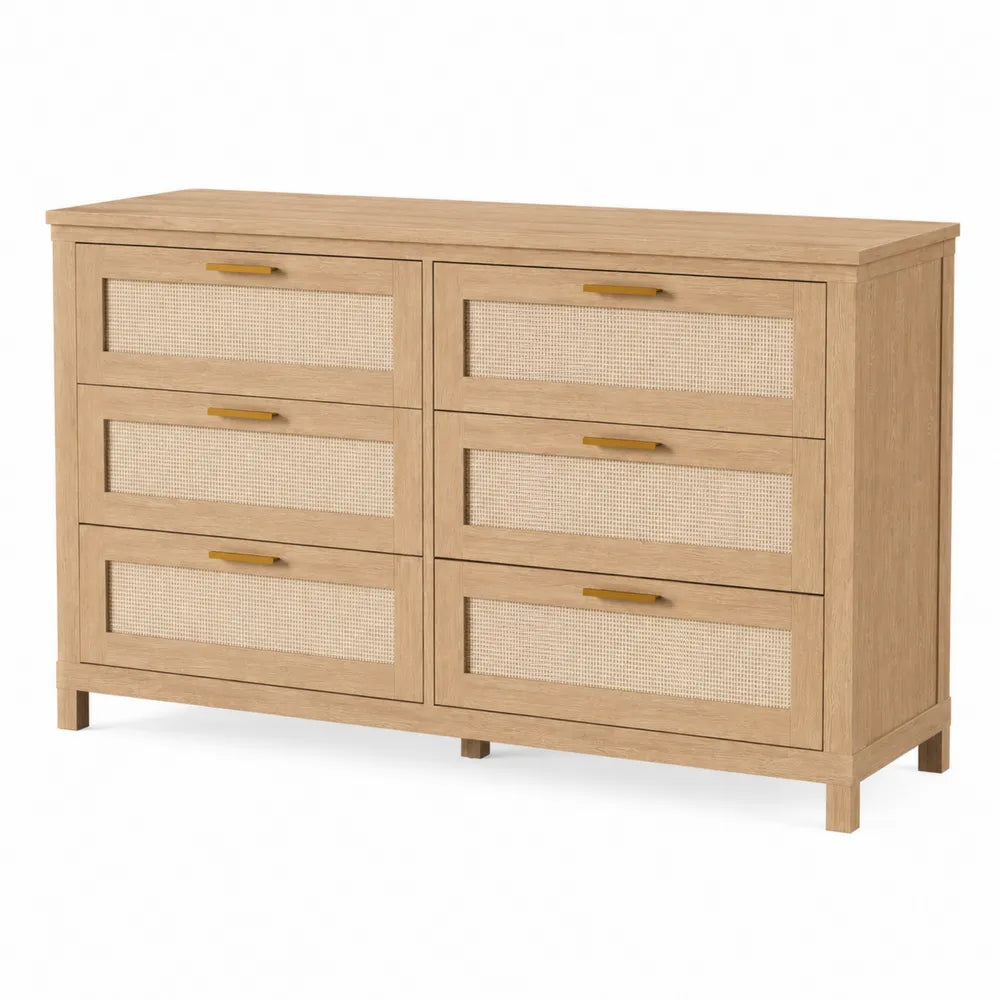 Commode en bois avec tiroirs en rotin et poignées en métal