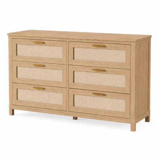Commode en bois avec tiroirs en rotin et poignées en métal