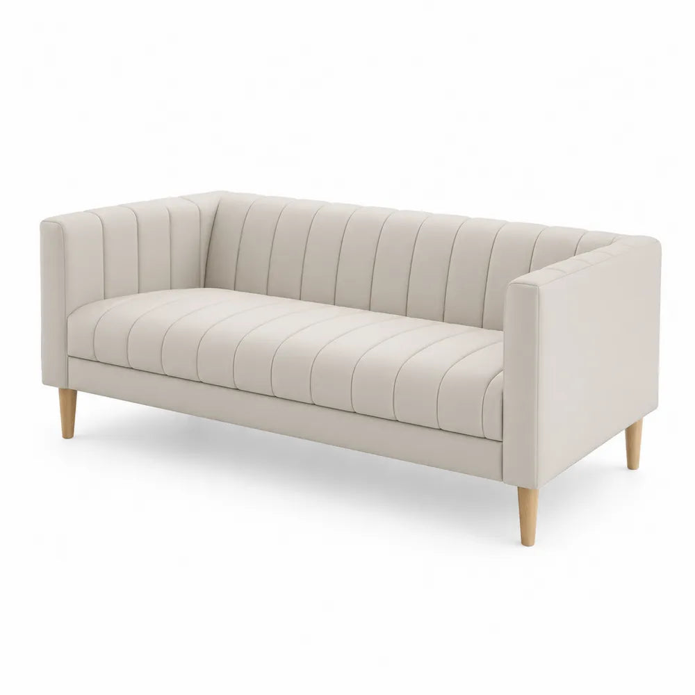 Canapé 3 places en tissu beige et bois