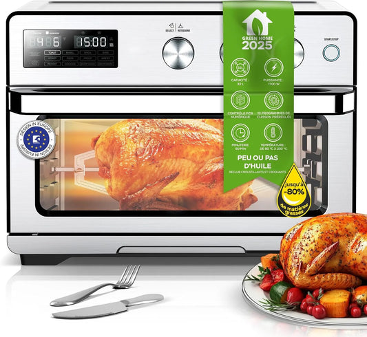 Four électrique, 32 L, Horno de Aire Caliente Digital xxL 32L con Asador, 5 en 1 Mini Horno y Airfryer, TurboTronic Four à Friteuse à Air, Perfecto