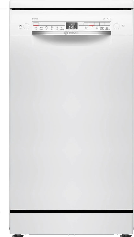 Bosch SPS2HKW55E Lave-vaisselle, 45 cm, Home Connect, format slim, blanc, Programme Express 65 °C, Série 2, pose-libre, Option Séchage Extra