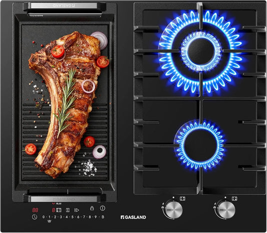 Ustensile de cuisson, 60 cm, 5200/3500 W, GASLAND GIH604BF, encastrable, noir, Gaz 5200 W avec brûleur wok, Induction 3500 W avec fonction BBQ