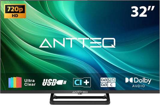 Moniteur 720p T2, S2, 32 pouces, son Dolby, DVB-T2, HDMI, USB, noir, support central TV Freeview HD Dolby Audio DVB LED, TV standard non smart TV