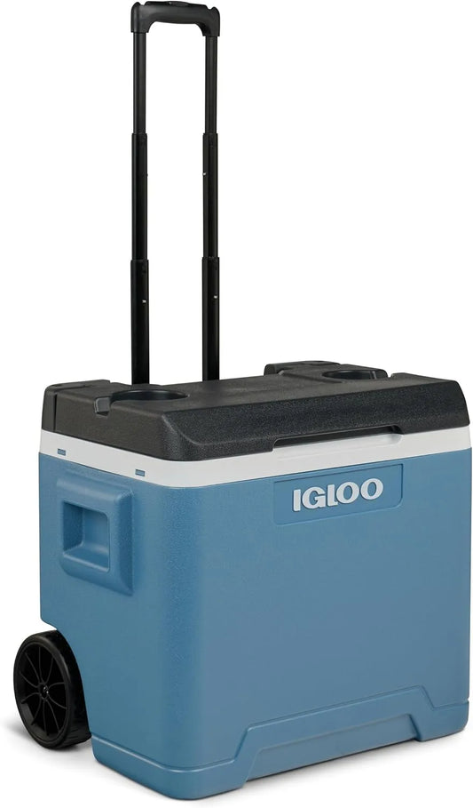 Boîte Isotherme Bleu Glacier avec roulettes et Poignée Télescopique pour Camping et Loisirs, IP42 Roller Glacière Passive 42L, IGLOO