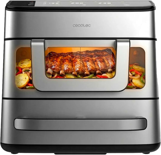 Cecotec 4Pizza+. Four électrique à pizza, 12 pouces, 18 L, 2700 W, acier inoxydable, Pierre Incluse, Friteuse à Air 9L, Paroi Divisoria, Écran Couleur