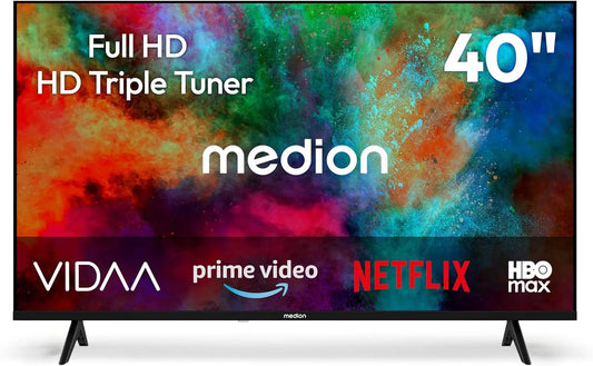 Smart TV, 40 pouces, téléviseur, HDR, triple tuner DVB-T2, S2, Full HD, enregistrement PVR, MD 840102, VIDAA Store, DAZN, 3 cm, Prime Video, Disney+