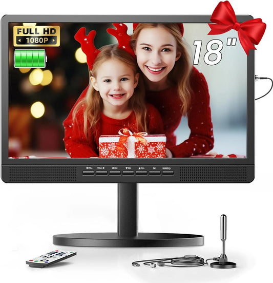 Smart TV 6000mAh, 18 pouces, 12 V, téléviseur, portable, DVB-T2, écran LCD, camping, 12V Télévision 6000mAh Rechargeable avec Base Ronde pour Le