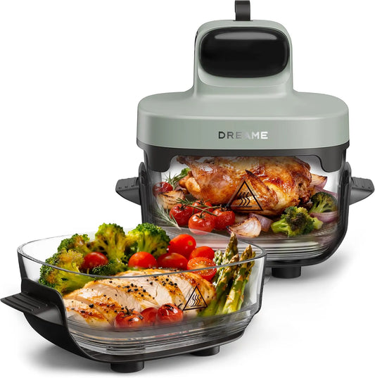 Friteuse à air chaud, 5 L, portable, maintien au chaud, gril, vue à 360°, 2 cuves, 5 L + 4, cuisson sans huile, rôtir, réchauffer, verre résistant