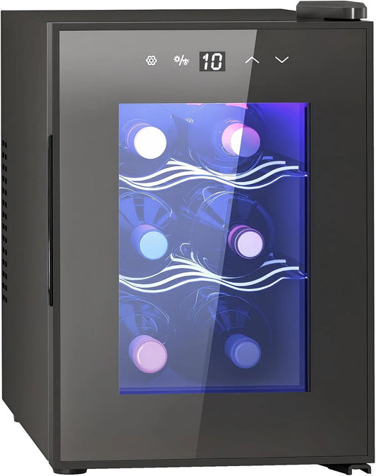 Cave à vin électrique, 17 L, 6 bouteilles, 8 à 18 °C, éclairage LED, tactile, silencieux, noir, Protection UV, Contrôle de la Température 8-18°C