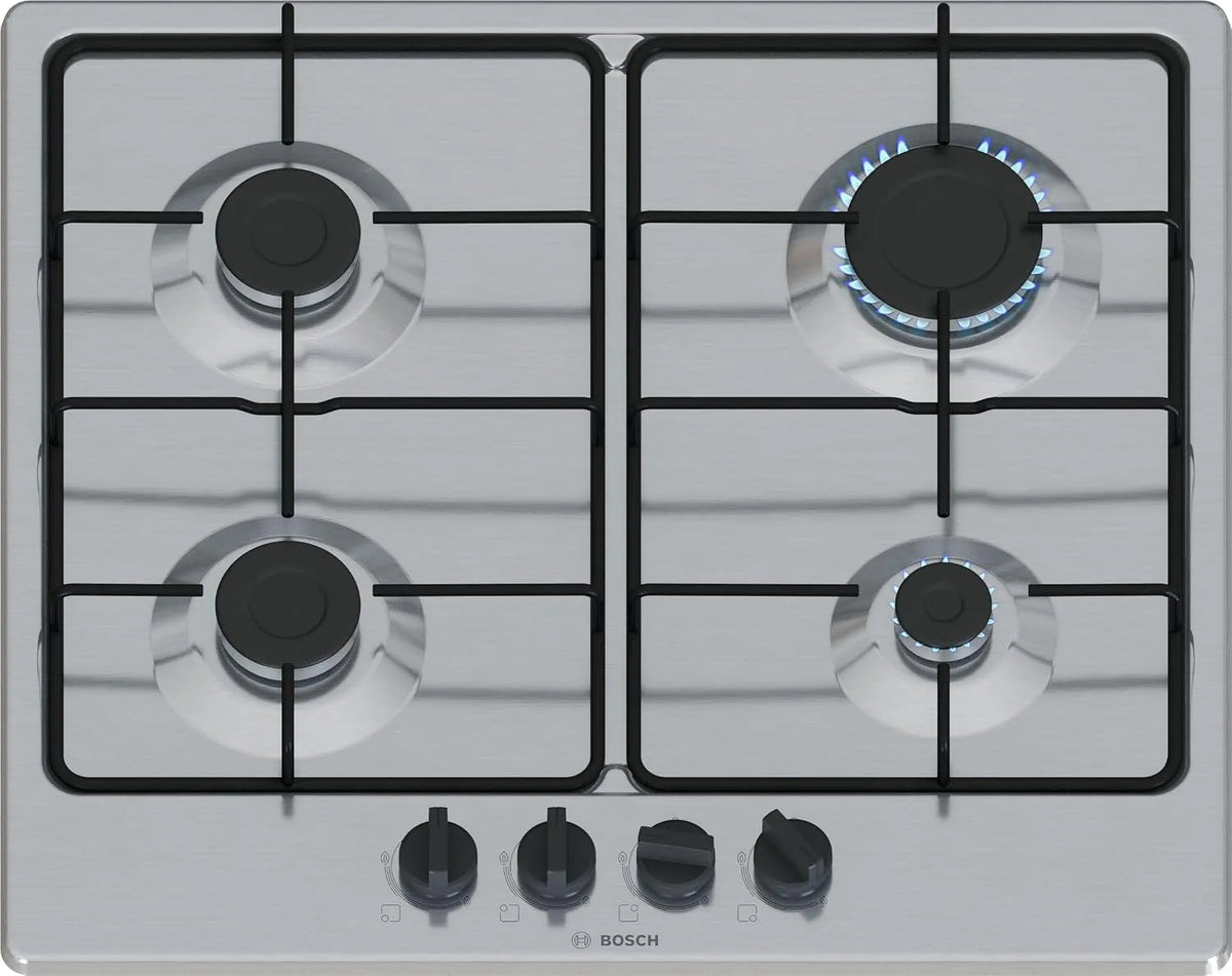 Bosch PGP6B5K85 Cuisinière avec four, 60 cm, 4 foyers, acier inoxydable, 4 feux, Série 4, NEW, Cuisinière à gaz, Boutons de cavalier: contrôle