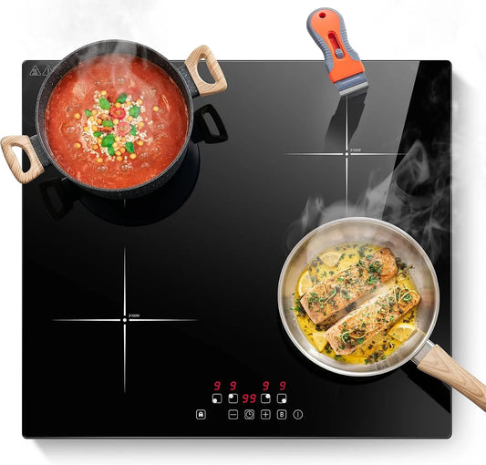 Ustensile de cuisson, 60cm, 4 foyers, 7000 W, encastrable, Boost, tactile, minuteur, 9 Niveaux, 7000W, Détection des Casseroles, Raclette de Nettoyage